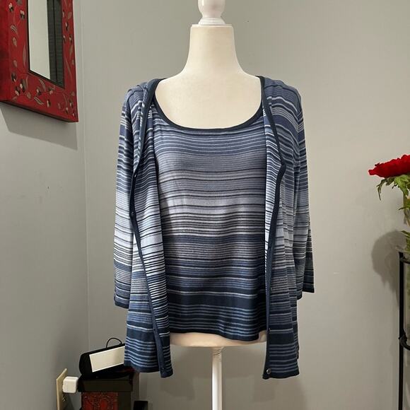 NEW Finity Naturals Silk Striped Multi Tri-Tone Sweater Cardigan Cami Twinset L - Picture 3 of 16